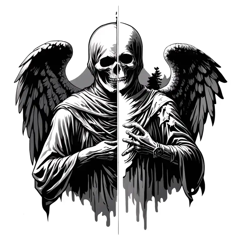 the grim reaper on one half of back. the other one with an angel. split down the middle with a line.  tattoo design idea