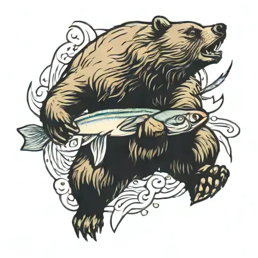bear with fish in mouth tattoo design idea