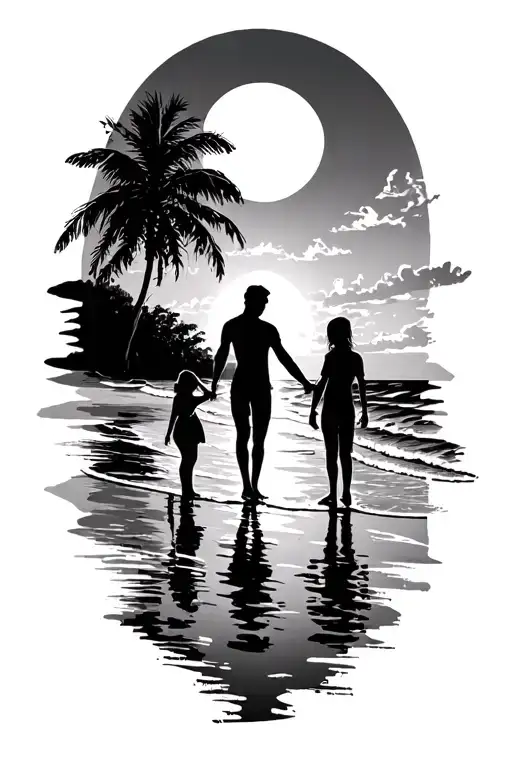 sunset beach scheme black sillhouete.  Girl, Man, Boy holding hands. tattoo design idea