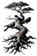 tree with three birds in it. add a red string wrapping up the roots tattoo design idea