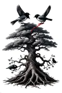 tree with three birds in it. add a red string wrapping up the roots tattoo design idea