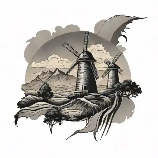 Western ghats and windmills tattoo design idea