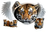 angel eye with tiger reflection protecting 5 cubs of different ages tattoo design idea