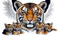 angel eye with tiger reflection protecting 5 cubs of different ages tattoo design idea