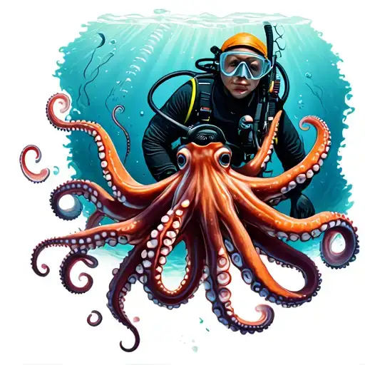 scuba diver exploring with octopus wrapped tattoo design idea