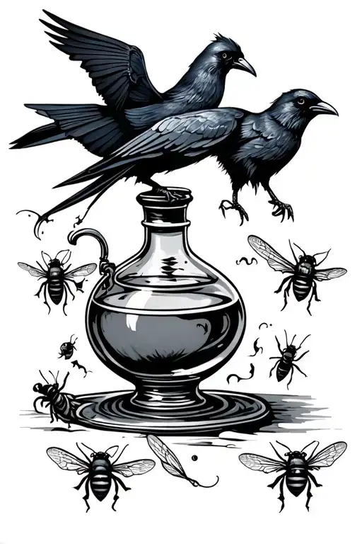 witch brewing potions bottle with raven & bees tattoo design idea