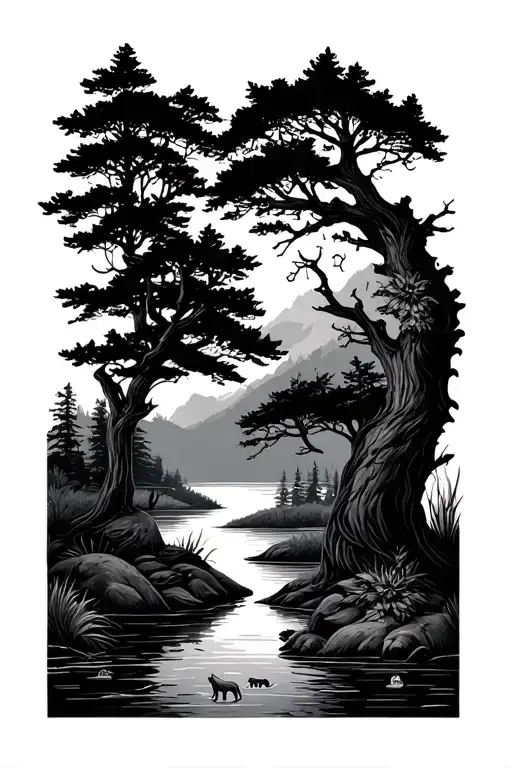 for a man. nature. pretty. cool. has animals in it. has trees in it. has a stream or lake tattoo design idea