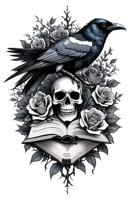 skull,raven, books, gothic, thorn vines, roses  tattoo design idea