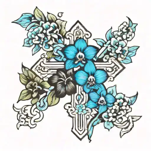 cross with blue orchids and black roses intertwined tattoo design idea