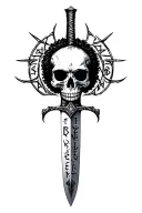 Sharp long dagger with runes shaded skull head text "afro" , sejmitar, darkest dungeon tattoo design idea