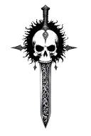 Sharp long dagger with runes shaded skull head text "afro" , sejmitar, darkest dungeon tattoo design idea
