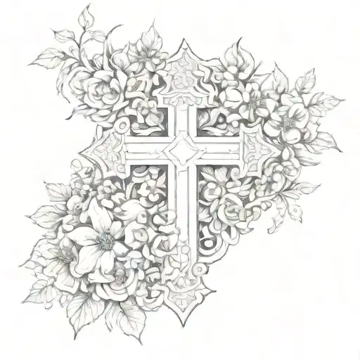 blank cross surrounded by flowers tattoo design idea