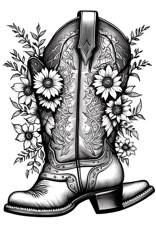 A detailed blackwork design of a cowboy boot with spurs, filled with various farm animals and flowers tattoo design idea