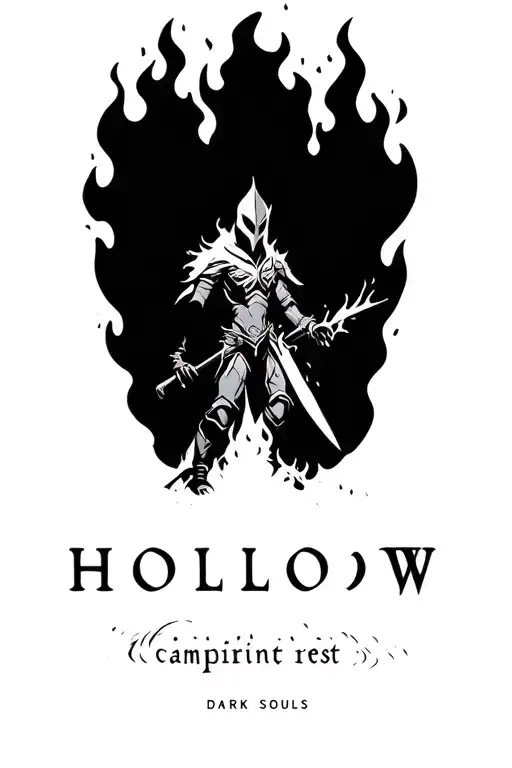 "Hollow" "Hollow" "Hollow" campfire knight rest fire flames, dark souls tattoo design idea