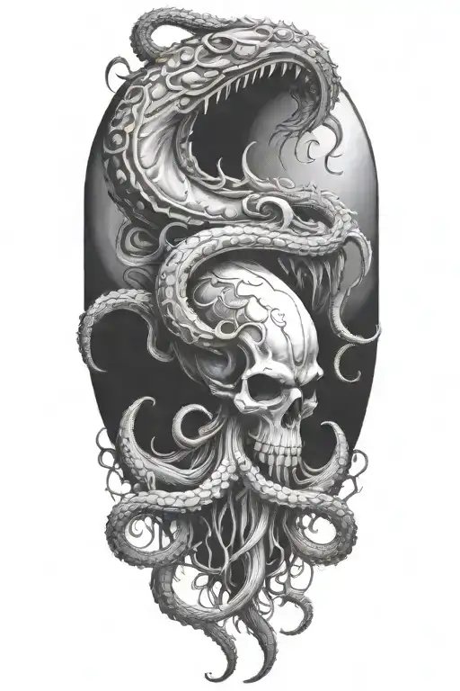A black and grey tattoo of a malevolent kraken overtaking a skull with its massive tentacles in a hauntingly beautiful way tattoo design idea