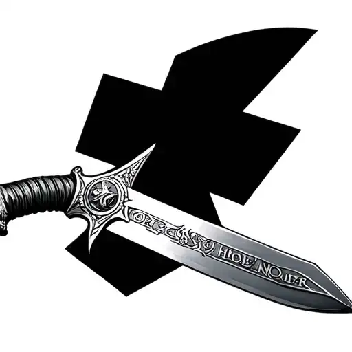 a Roman sword with the force and honor inscription on the edge tattoo design idea