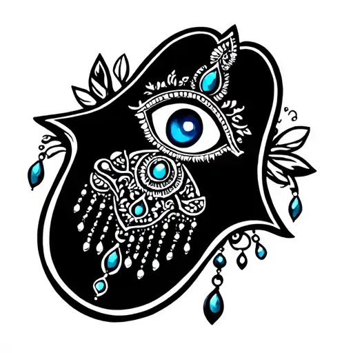 hamsa hand with hanging jewels and blue eye tattoo design idea
