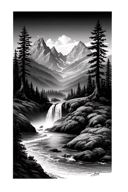 mountains with forest trees with a waterfall down to a beach tattoo design idea
