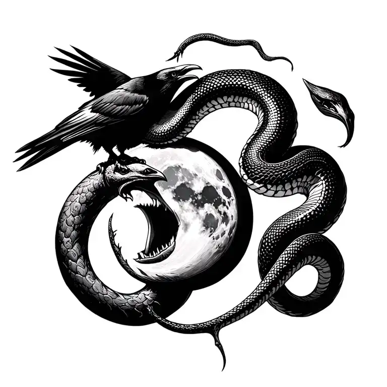 full moon in the middle, on the left side there is a crow that is trying to swallow the moon, on the right side a snake  tattoo design idea