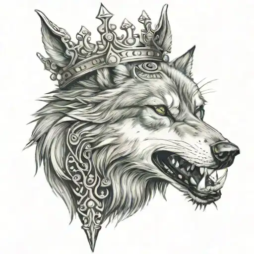 A wolf with a sword in its mouth and a crown on its head tattoo design idea