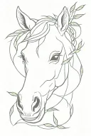 fine line horse head with olive leaves tattoo design idea