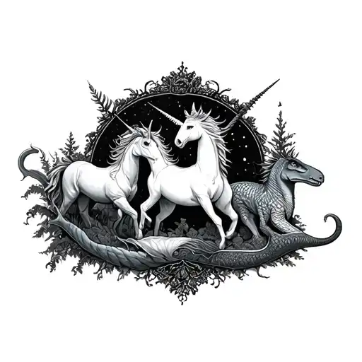 gothic forest with unicorns, dinosaurs and mermaids  tattoo design idea