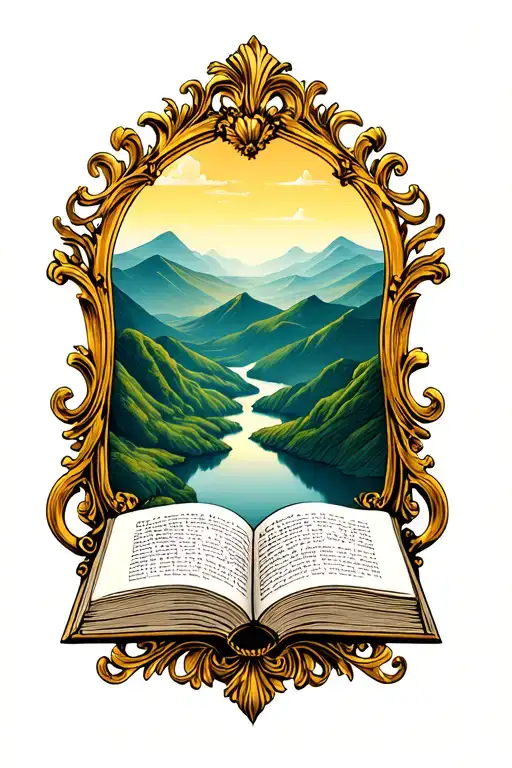 open book below hills with simple baroque gold frame tattoo design idea