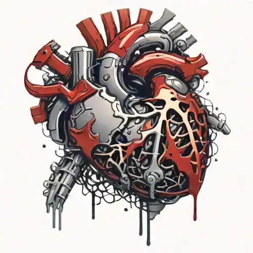 Mechanical Heart, Cyberpunk, Bleeding, Blood Splatter, veins, vessels, aorta valve, Dark Red, Black, Grey. tattoo design idea