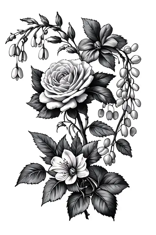 long Vine with Carnation, Snowdrop, violet, iris, lily of the valley, hawthorn, rose, honeysuckle and Chrysanthemum tattoo design idea