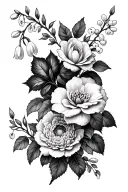 long Vine with Carnation, Snowdrop, violet, iris, lily of the valley, hawthorn, rose, honeysuckle and Chrysanthemum tattoo design idea