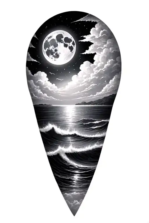 ocean and full moon with clouds calf tattoo balck and white  tattoo design idea