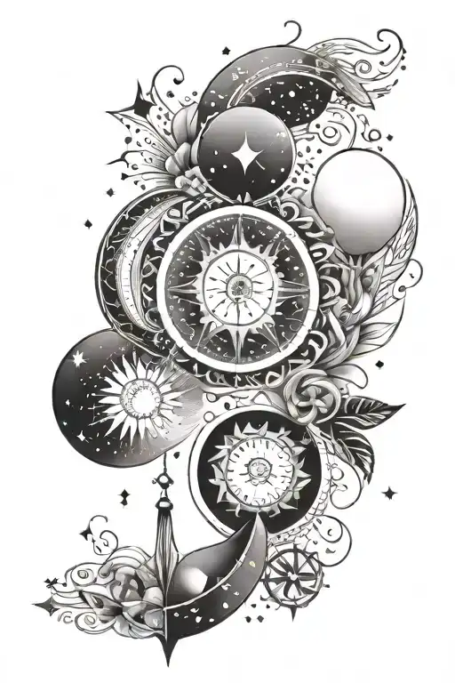 fine line boho, celestial themed tattoo featuring moons, sun, unalome tattoo design idea