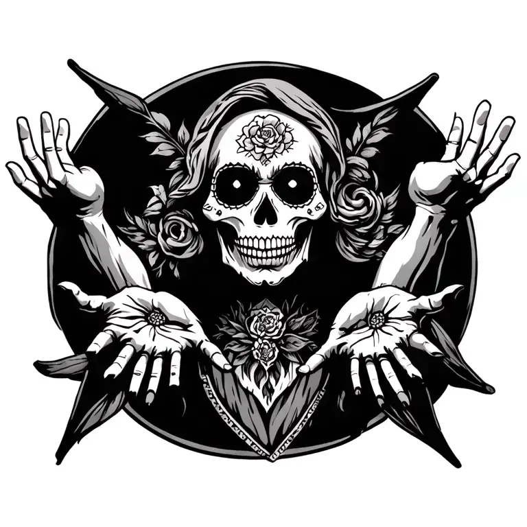 Santa muerte arms outstretched tattoo design idea