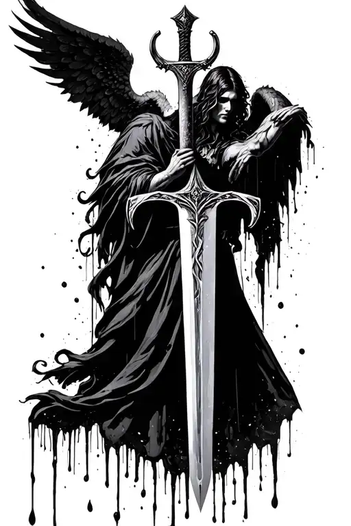 long sword angel and demon wings dipped in blood tattoo design idea