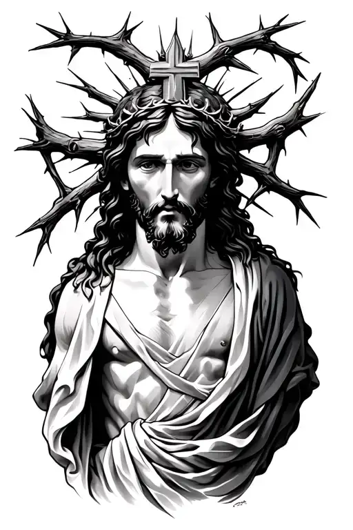 Jesus with thorn crown, thorns intertwined, cross tattoo design idea