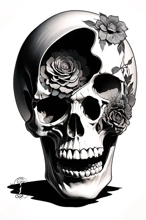 A black and grey surrealist tattoo depicting the lower half of a human skull, with the upper cranium opened and the brai tattoo design idea