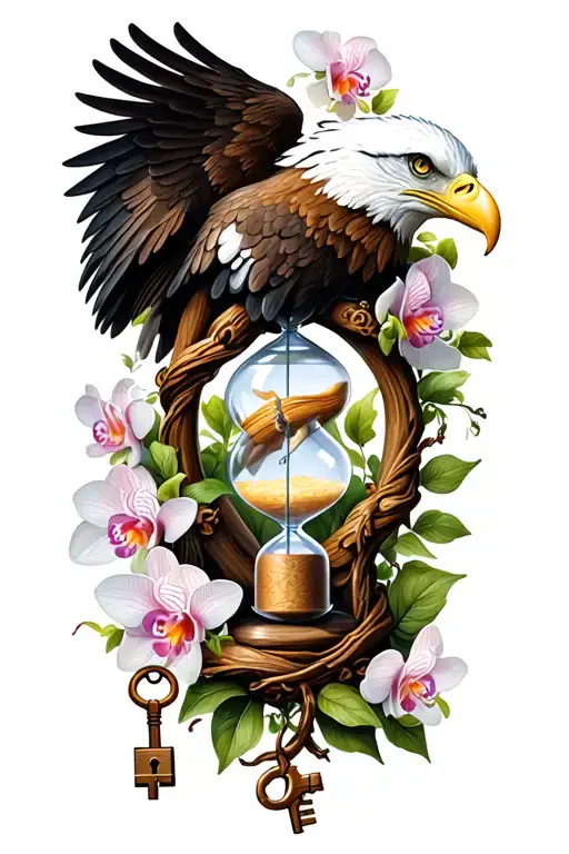 bald eagle with hourglass wrapped in vine orchid with lock and key represent protection of my children  tattoo design idea