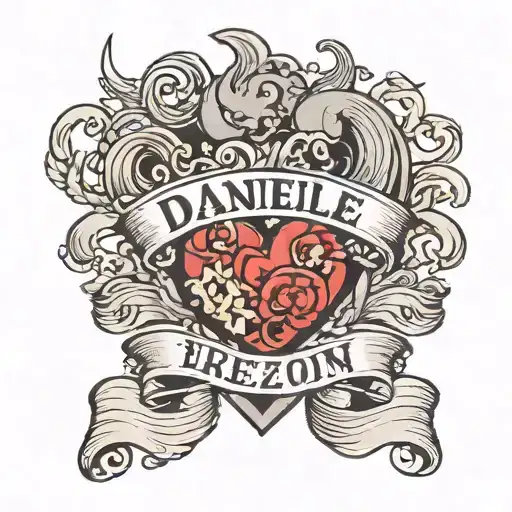 heart with a banner that says "danielle" tattoo design idea