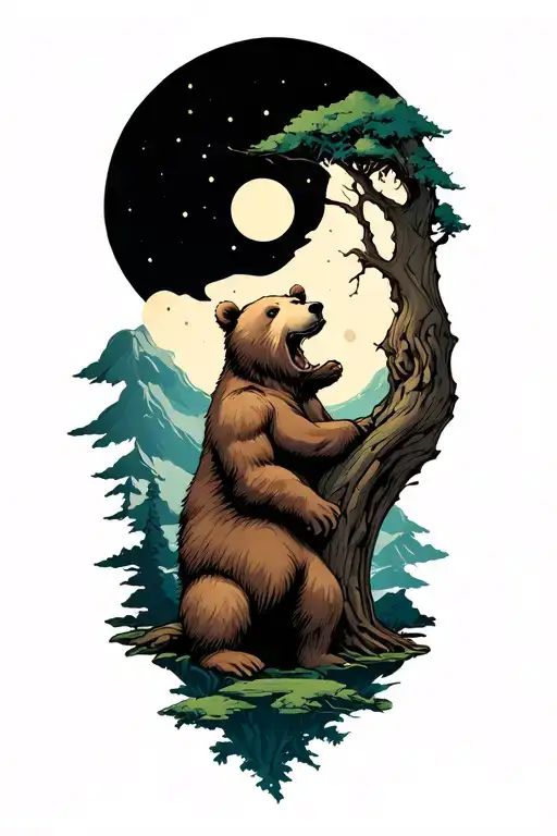 men half sleeve tree bear moon tattoo design idea