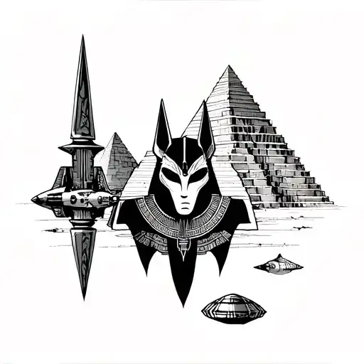 Anubis egypcian god with pyramids and alien spaceship tattoo design idea