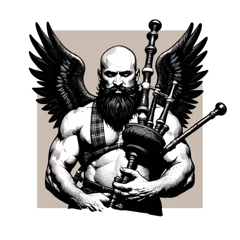 scottish bagpiper bald black beard muscular wearing glengarry pipes in arm big black wings shirtless tattoo tattoo design idea