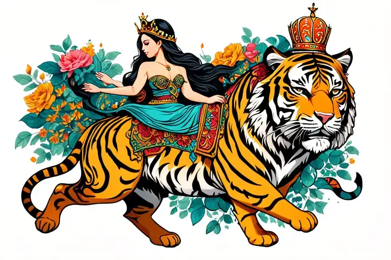 a beatiful woman riding a tiger she is a queen crown tattoo design idea