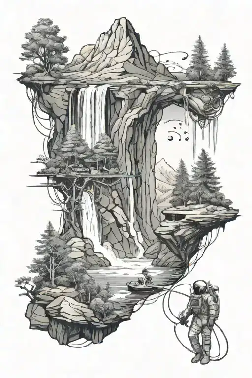 futuristic view of forest, mountains, waterfall and astronaut incorporated in it. tattoo design idea