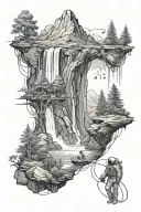 futuristic view of forest, mountains, waterfall and astronaut incorporated in it. tattoo design idea