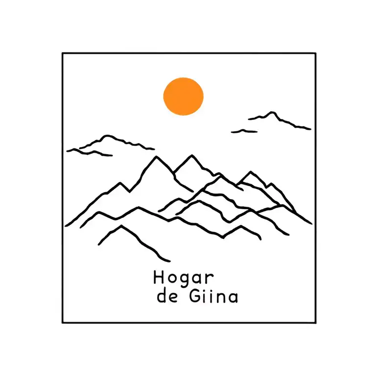 Mountains with colorless sunrise and the words Hogar de Gina written in tattoo font at the bottom tattoo design idea
