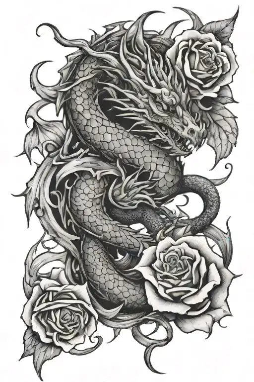 Dragon and rose intertwined tattoo design idea