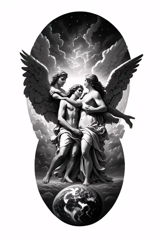 angels fighting in heaven then being expelled to earth tattoo design idea