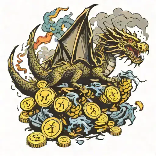 Killed dragon on a pile of golden coins and treasure, with foul smoke coming out of its nostrils tattoo design idea