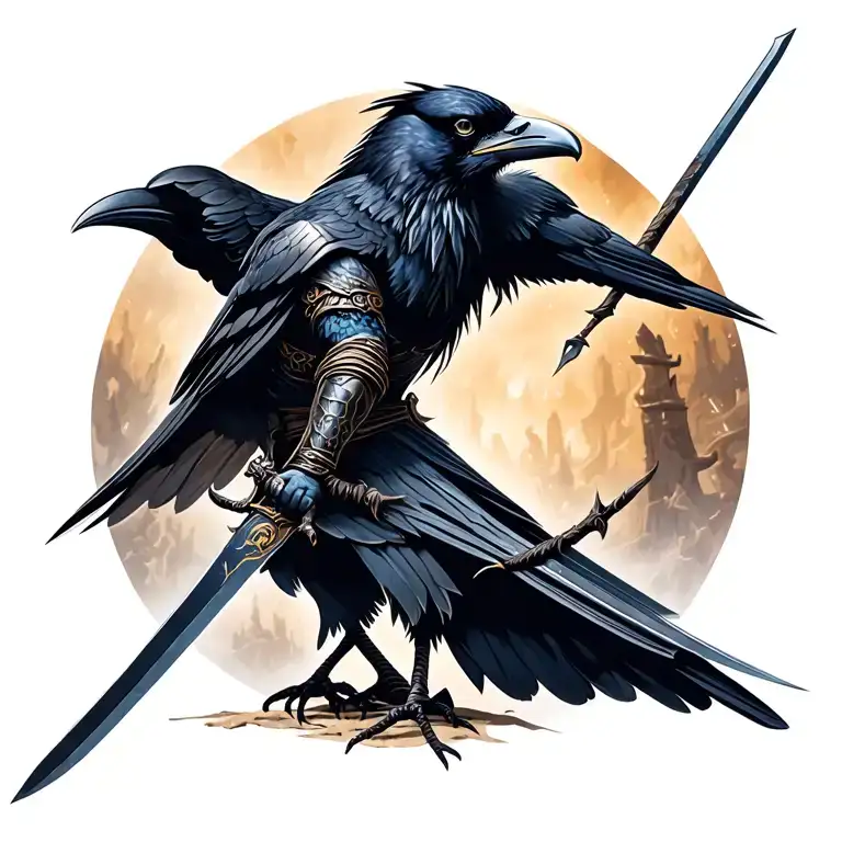 A Raven in battle wearing warrior gear wielding a sword tattoo design idea
