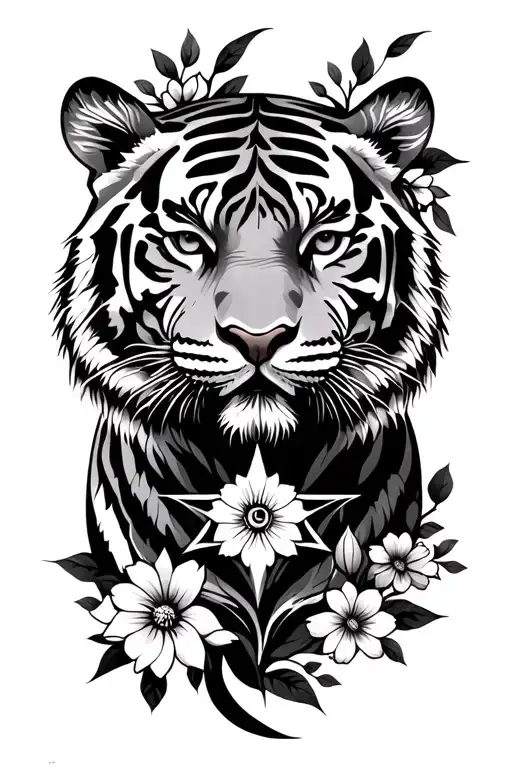 tiger with flowers and wind rose stencil tattoo design idea